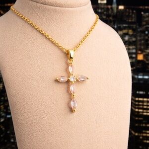 Elegant Gold and Pink Cross Pendant Necklace